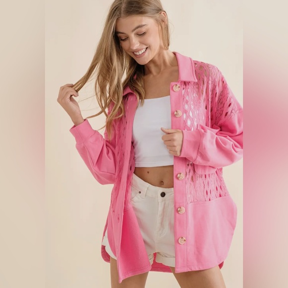 NEW blue b Hot Pink Floral Lace Contrast French Terry Oversized Shirt Jacket S - Picture 2 of 6